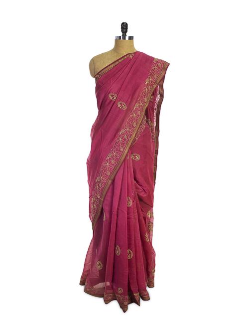 pink chikan cotton silk saree - 79951 - Very Small Image - 1