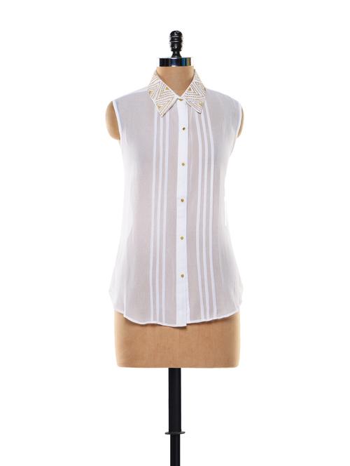 sheer white shirt with zari collar - 80478 - Very Small Image - 1