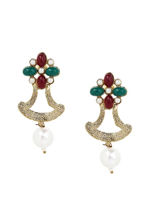 red and green flower and pearl drop earrings - 8097 - Very Small Image - 1