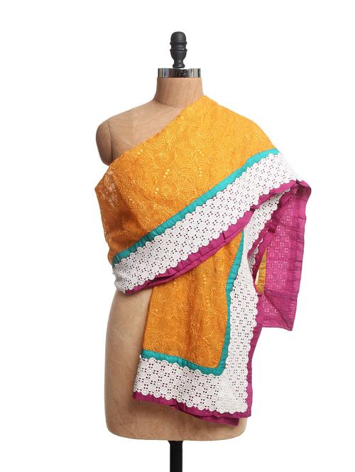 self embroidered orange net dupatta with cotton lace - 83833 - Very Small Image - 1