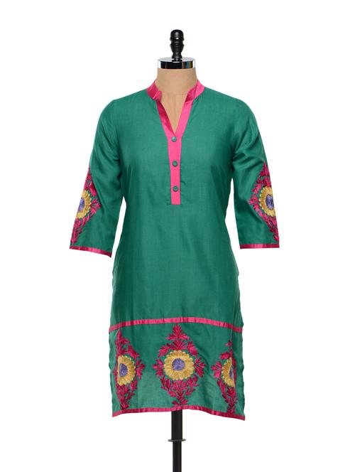 floral threadwork sea green kurta - 850067 - Very Small Image - 1