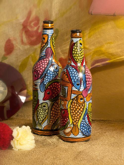 colourful handpainted patachitra fish bottle(set of 2) - 85273 - Very Small Image - 1