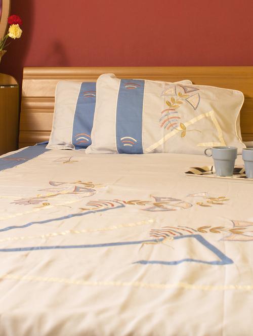 embroidered double bedsheet fine blue design - 85281 - Very Small Image - 1