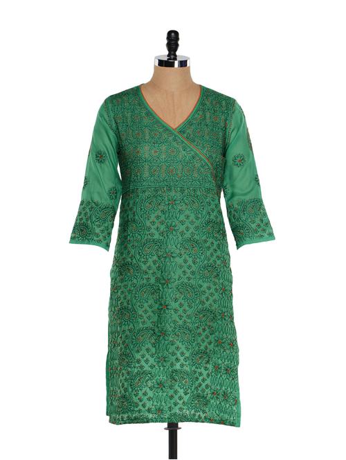 green cotton chikankari kurta - 859634 - Very Small Image - 1