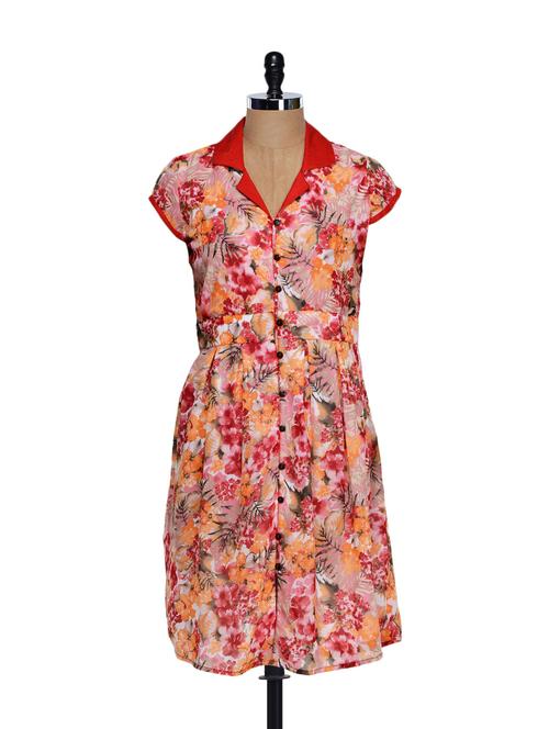 red collared floral print pleated button down dress - 859956 - Very Small Image - 1