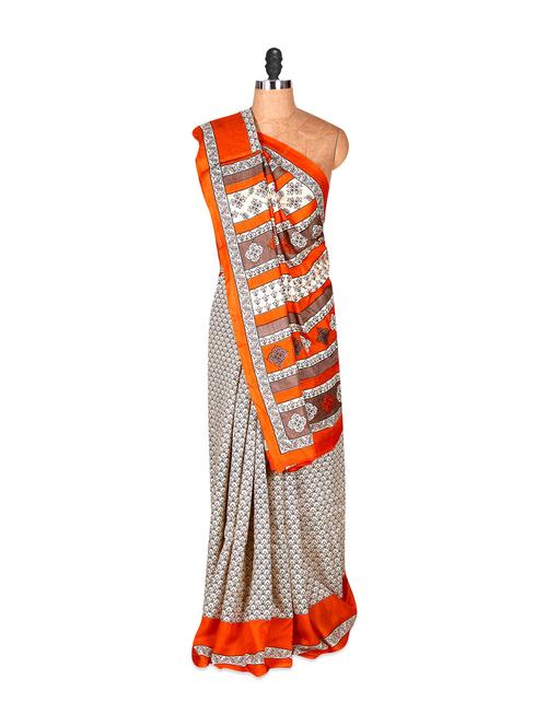 monochrome printed saree with orange border - 885957 - Very Small Image - 1