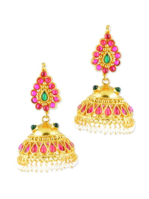 gold jhumkas with pink stones - 887050 - Very Small Image - 1