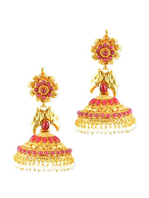 ethnic gold jhumkas with pink beads - 887060 - Very Small Image - 1