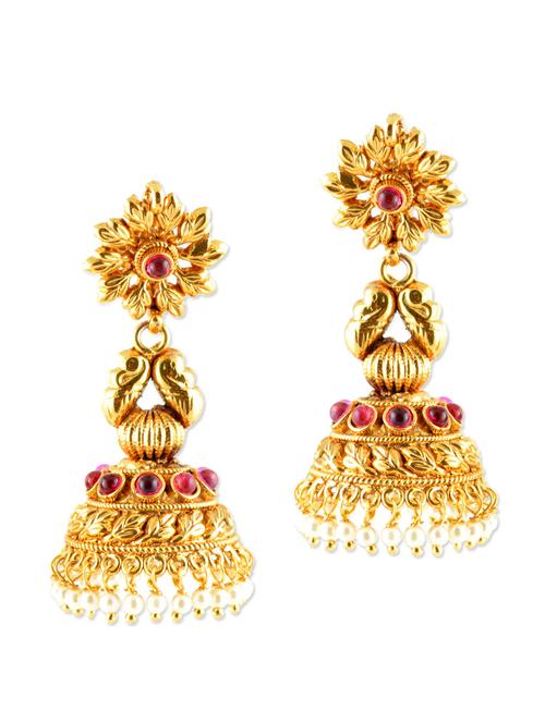 festive gold jhumkas with maroon stones - 887111 - Very Small Image - 1