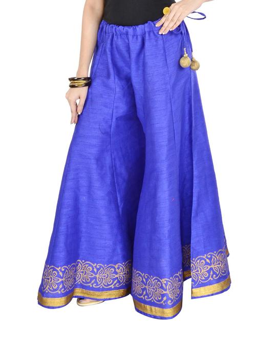 Blue dupion silk flared palazzo pants with a border - 889186 - Very Small Image - 1