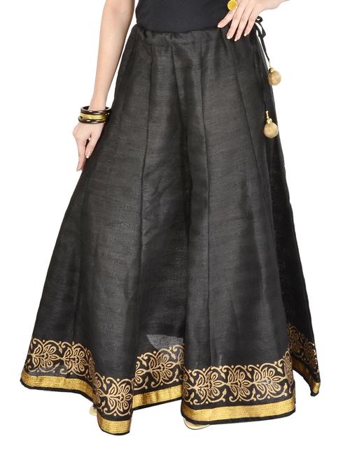 Black dupion silk flared palazzo pants with a border - 889187 - Very Small Image - 1