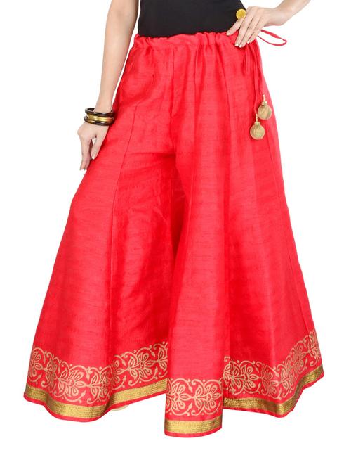 Bright red dupion silk flared palazzo pants with a border - 889188 - Very Small Image - 1