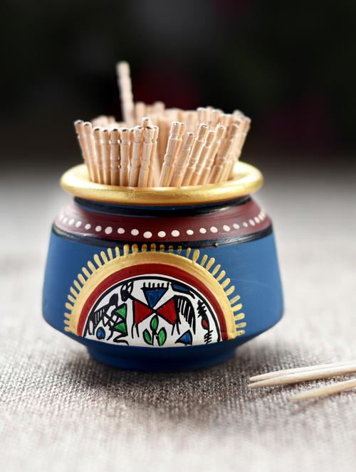 warli terracotta toothpick stand + toothpick set - 891504 - Very Small Image - 1