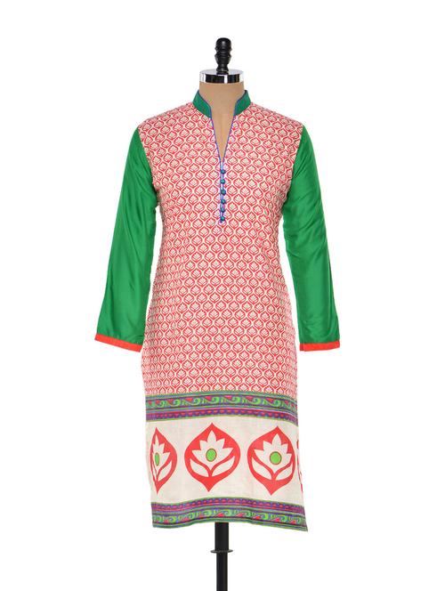 floral print kurti with green sleeves - 894274 - Very Small Image - 1