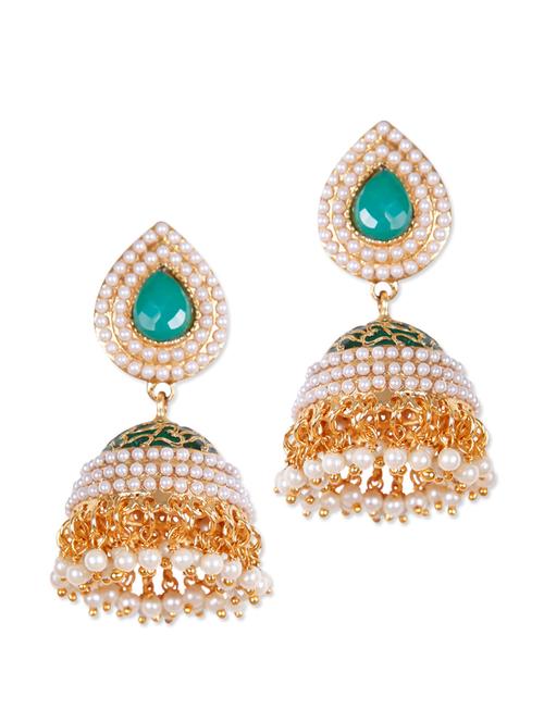pearl studded traditional green enamel jhumkis - 897049 - Very Small Image - 1