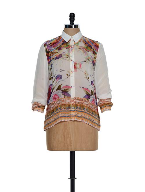 White elegant high-collared neck shirt with multi-coloured digital prints - 897314 - Very Small Image - 1