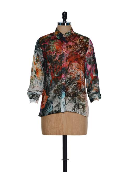 Elegant high-collared neck shirt with multi-coloured digital prints - 897315 - Very Small Image - 1