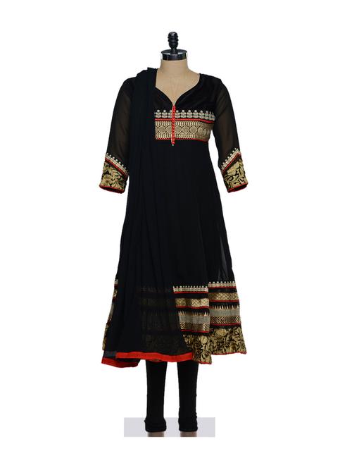 Black cotton brocade stitched suit - 900913 - Very Small Image - 1