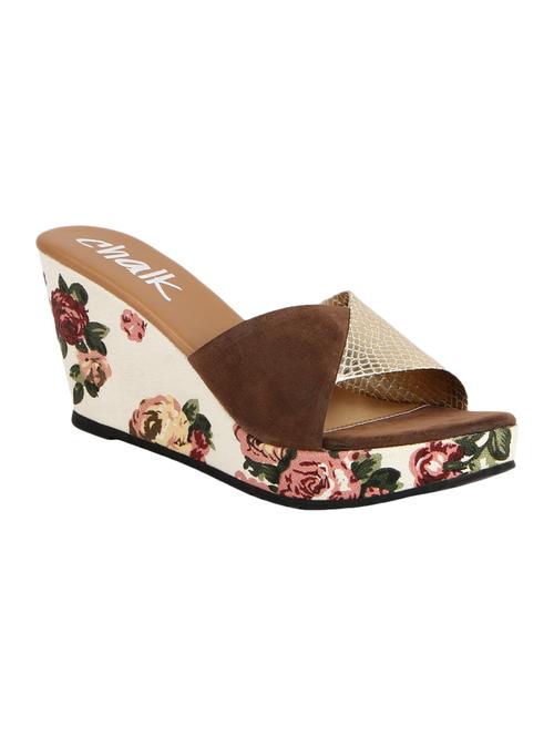 brown and gold slip-on wedges with floral heel - 902437 - Very Small Image - 1