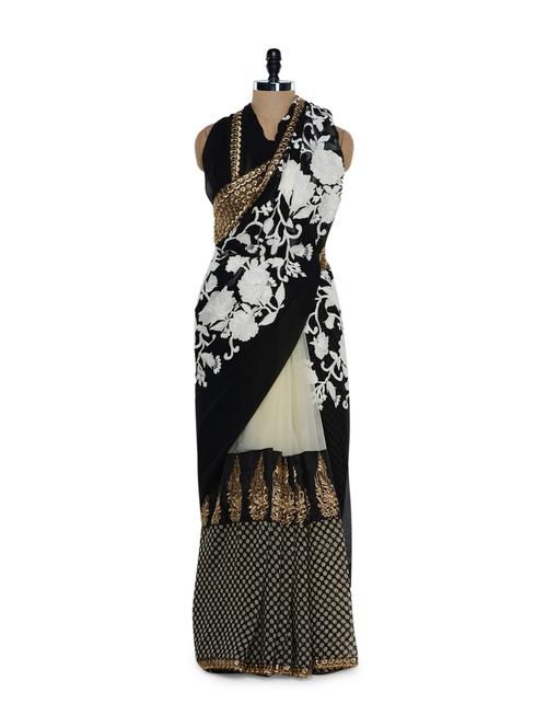 black georgette and net embroidered saree - 905197 - Very Small Image - 1