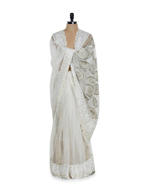 embroidered white net saree - 905234 - Very Small Image - 1