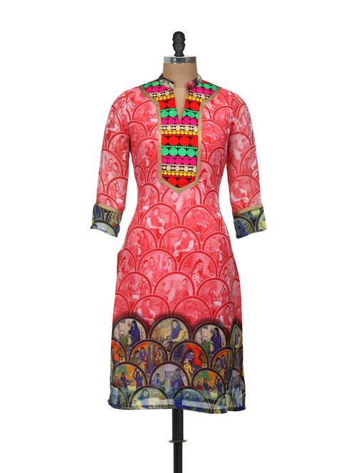 quirky print coral kurti - 906482 - Very Small Image - 1