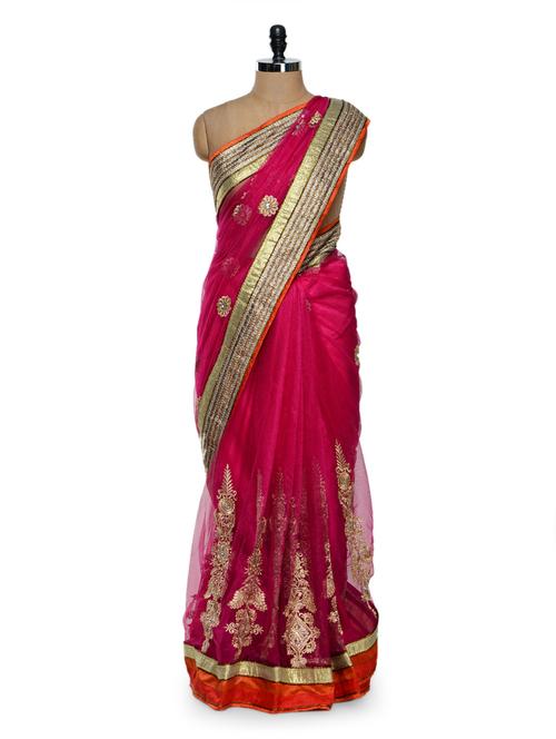 Gorgeous dark pink embroidered net saree - 906655 - Very Small Image - 1