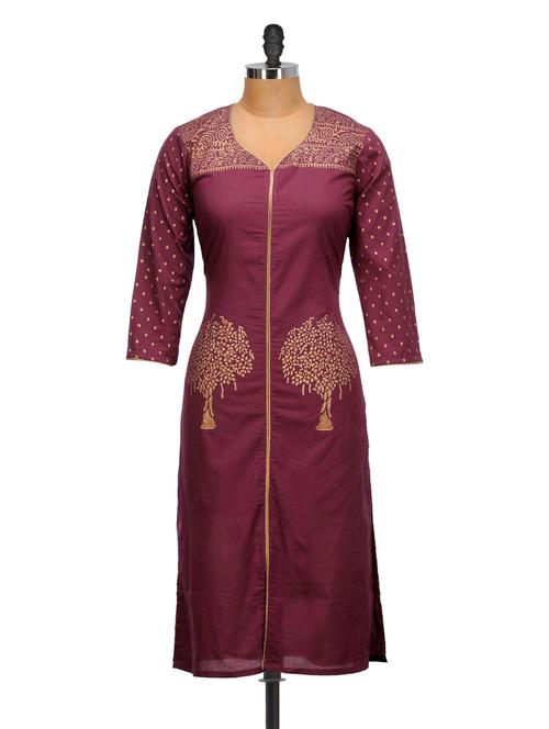 burgundy long kurta with gold print - 907222 - Very Small Image - 1