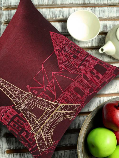 eiffel tower embroidered maroon & gold cushion cover - 909096 - Very Small Image - 1