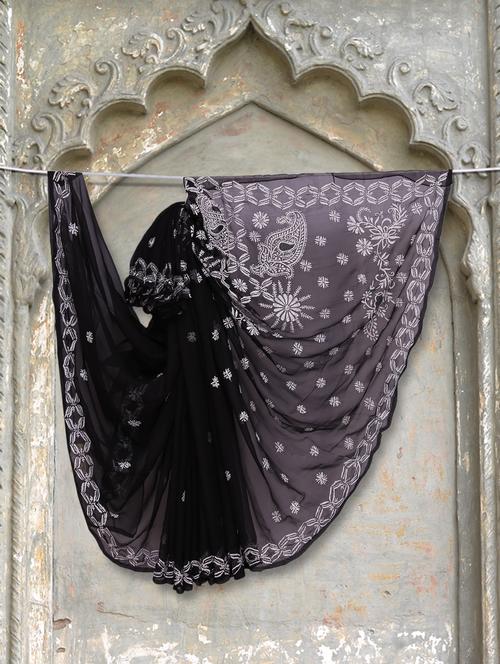 Black & White Chikankari Saree - 912513 - Very Small Image - 1