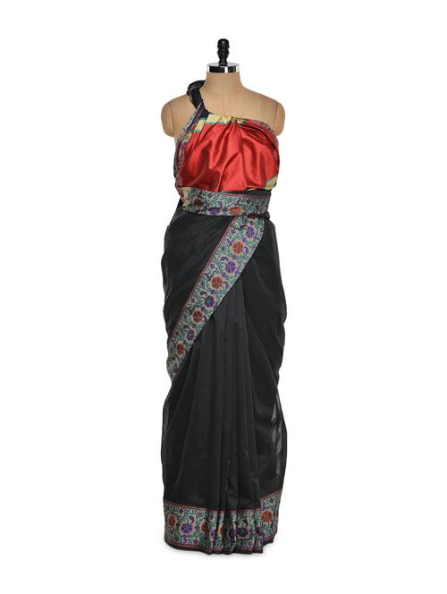 Black cotton silk saree with zari work - 914446 - Very Small Image - 1