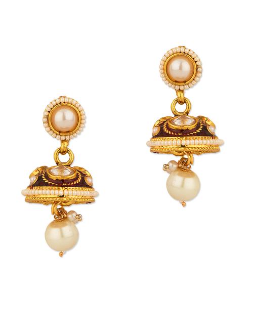 Pair Of Small Sized Jhumki Earrings With Red Enamel Work - 917558 - Very Small Image - 1
