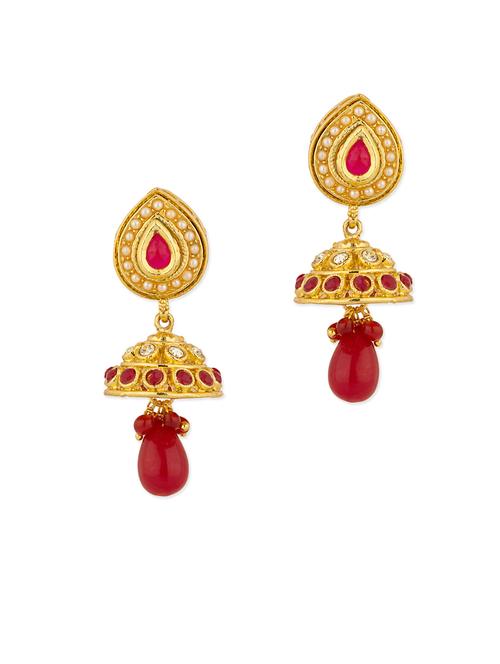 Jhumki Earrings With Red Crystal Drop - 917596 - Very Small Image - 1