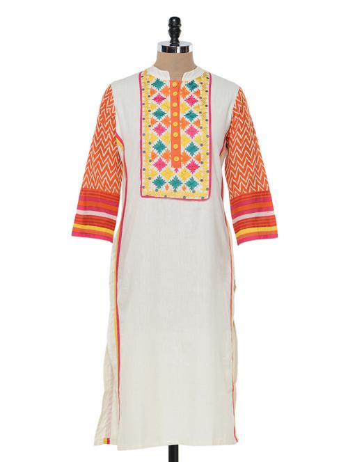 white long kurta with orange chevron print sleeves - 925951 - Very Small Image - 1