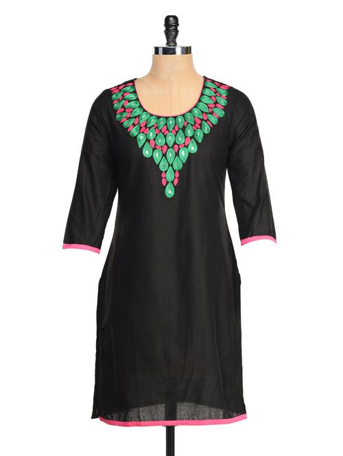 black kurta with a pink and green neck - 927181 - Very Small Image - 1