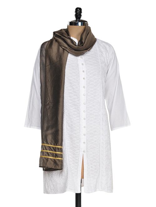 solid brown dupatta with gold stripes - 931622 - Very Small Image - 1