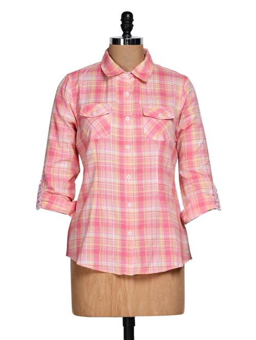 roll-up sleeve pink checkered shirt - 944643 - Very Small Image - 1