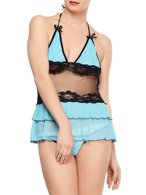 sky blue and black babydoll with thong - 951222 - Very Small Image - 1