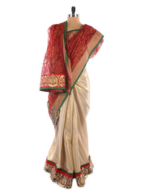 shiny beige saree with red net pallu - 952453 - Very Small Image - 1