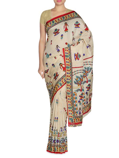 Beige Manipuri Silk Printed Sari with blouse - 9544206 - Very Small Image - 1