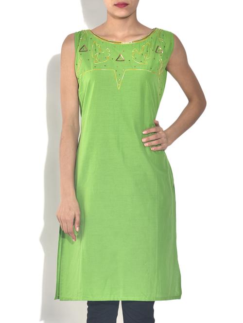 pear green embroidered cotton kurta - 9544374 - Very Small Image - 1