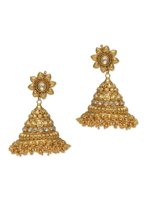 gold metallic kundan worked earrings - 9546053 - Very Small Image - 1