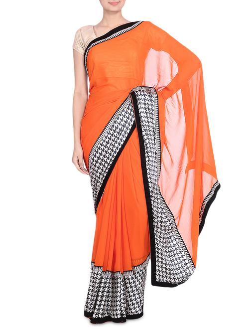 orange embellished velvet bordered georgette saree - 9552433 - Very Small Image - 1