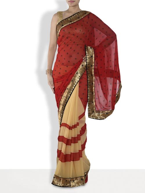 red printed georgette half and half saree - 9553049 - Very Small Image - 1