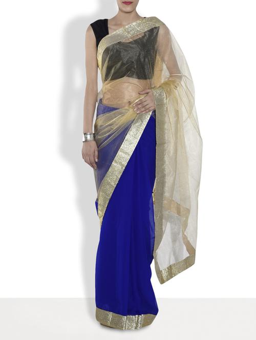 royal blue and gold net saree - 9553054 - Very Small Image - 1