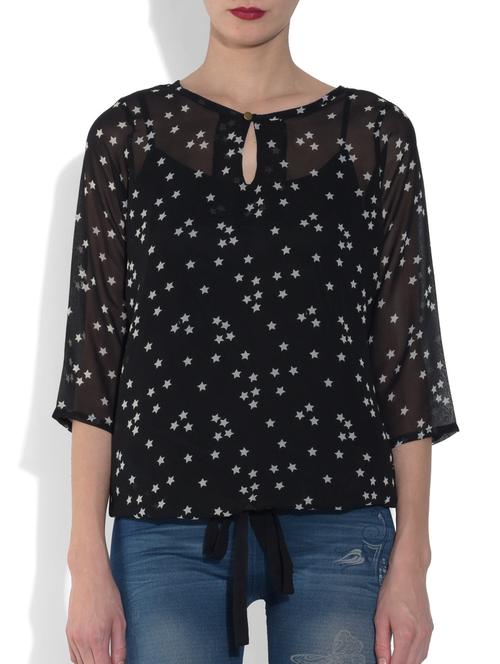 black printed three quarter sleeved top - 9553205 - Very Small Image - 1