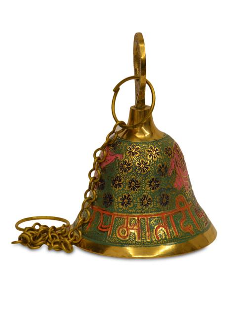 gold and green brass mandir bell with chain - 9556268 - Very Small Image - 1