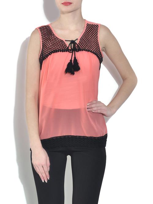 peach poly crepe top with a mesh yoke - 9558827 - Very Small Image - 1