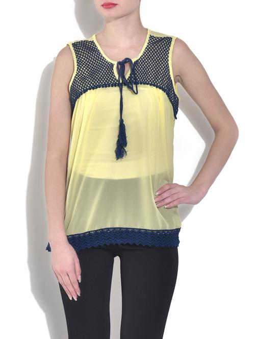 pale yellow poly crepe top with a mesh yoke - 9558830 - Very Small Image - 1