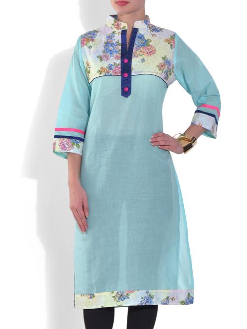 sky blue cotton printed kurta - 9559788 - Very Small Image - 1